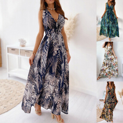 #ad Sundress Boho Dresses Dress Maxi T shirt Dress Women Holiday Sleeveless Summer AU $27.62