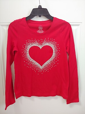 Faded Glory Girls Long Sleeve Top Size 14 16 XL Stretch Red Heart Glitter $6.99