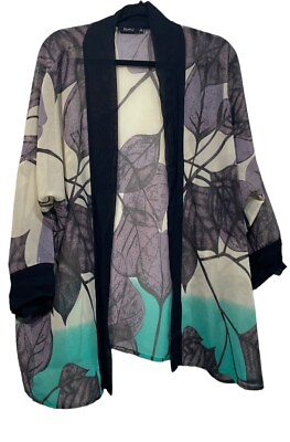 #ad Womens Open Front Kimono Cover Up One Size Purple Leaf Print Lightweight Sheer $14.95