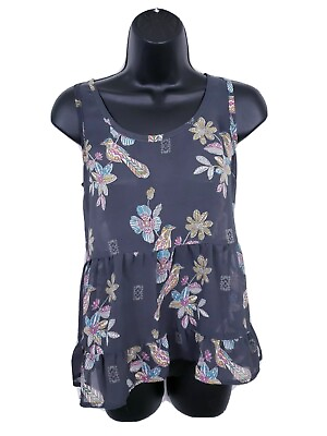 Mossimo Shirt XS Gray Sheer Tank Floral Birds Ruffle Womens CLEARANCE SALE $5.59
