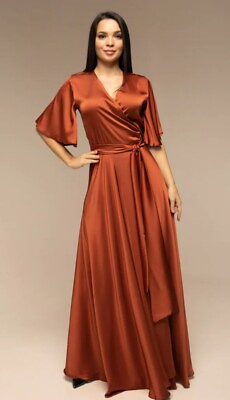 #ad #ad bronze prom party satin silk wrap maxi dress for women flared sleeve v neckline $140.00