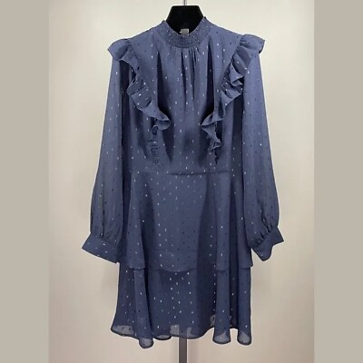 #ad NEW Express Shimmery Blue Ruffle Dress Women’s Large party cocktail $14.99