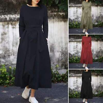 #ad Women Solid Color Washed Cotton Round Neck Pullover Long Sleeves Slim Maxi Dress $24.95
