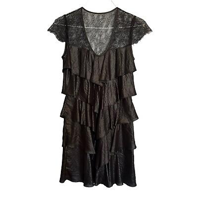 BCBGMAXAZRIA Black Ruffle Woven Tiered Lace Dress Cap Sleeve V Neck EUC Sz S C $90.25