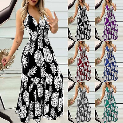 #ad Summer Women#x27;s Halter Dress Strappy Deep V neck High Waist Printed Long Dress $28.61