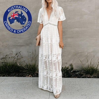 Boho Long White Maxi Dress Loose Embroidery Lace Beach Wedding Hippie Tunic S XL AU $63.95