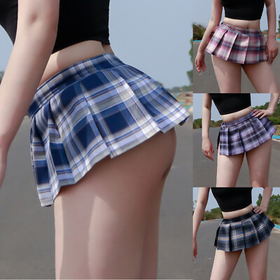 #ad Women Schoolgirl Mini Skirt Role Play Costume Mini Plaid Pleated Micro Skirts $4.74