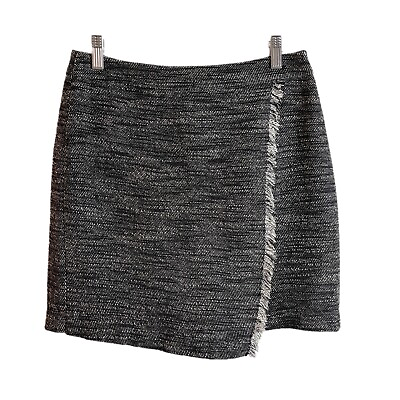 #ad Loft Women#x27;s Pencil Skirt Petite Size 6P Tweed Black Faux Wrap Straight Fringe $19.95