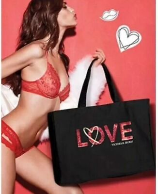Victorias Secret Love Heart Sequin Beach Large Tote Weekender Bag Black $19.98