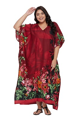 Floral Print Plus Size Red Kaftan Boho Beach Long Summer Maxi Dress Sundress $15.49