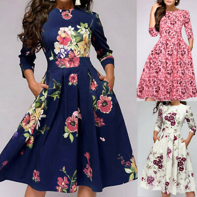 #ad Womens Floral Retro Midi Dress Ladies Evening Cocktail Party Formal Prom Gown UK $18.99