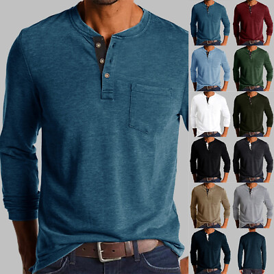 Mens Casual Long Sleeve T shirt Henley Grandad V Neck Button Solid Tee Shirt Top $22.89