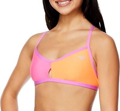 #ad SPEEDO ENDURANCE Womens M Pink Orange Colorblock Keyhole Tie Back Bikini Top NEW $13.00