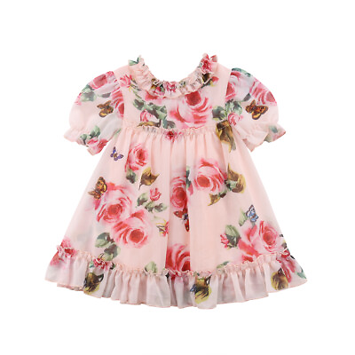 #ad #ad Little Girls Summer Dress Floral Patterns Ruffle Round Neck Short Sleeve Dress $8.90