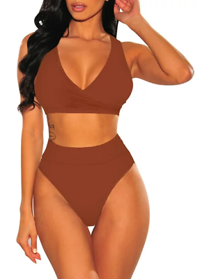 #ad Women#x27;s High Waisted Push Up Bikini Swimsuit 2 Piece Tummy Control Brown MEDIUM $6.99