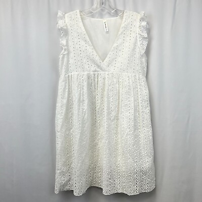 #ad Beachsissi Womens White Lined Eyelet Ruffle Sleeve V Neck Mini Dress Size Medium $19.99