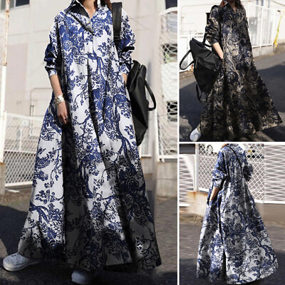 US STOCK Women Long Sleeve Floral Print 100% Cotton Kaftan Long Maxi Shirt Dress $21.37