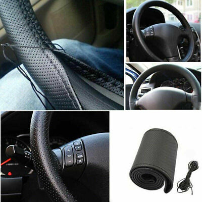 15#x27;#x27; Anti slip Wrap DIY Car Truck Leather Steering Wheel Cover With Thread Black $6.71