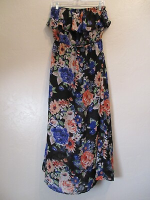 #ad Forever 21 Womens Sz L Floral Tube Top Maxi Dress Black Blue Summer Casual $13.77