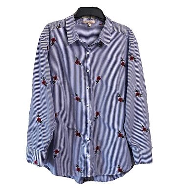 GIBSON amp; LATIMER Dillards Women#x27;s Size XL Stripe Embroidered Shirt Blue Blouse $22.99