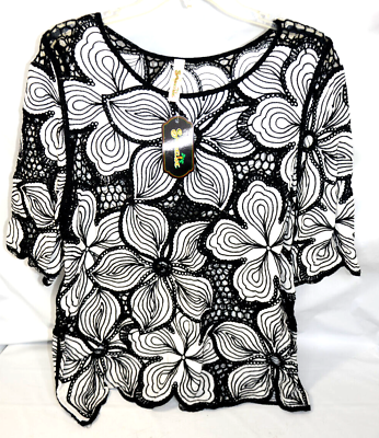 #ad Shoreline Beach Cover Up Crocheted Lace NWT Embroidered Floral Black White S M $14.39