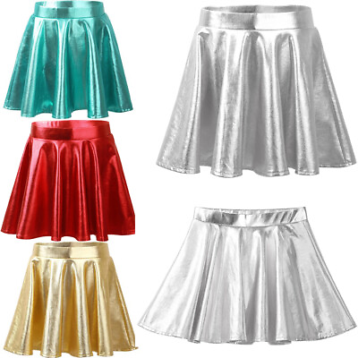 #ad US Girls Glossy Metallic Pleated A Line Mini Skater Dance Athletic Skirt Dress $12.60