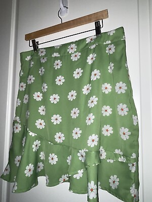 #ad NASTYGAL Lime Green Skirt Floral Daisies Y2K Silky Ruffle Knee Length Festival $11.78