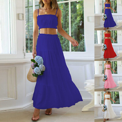 #ad Womens Cami Crop Tops Maxi Skirt Set Summer Beach Holiday Boho Long Dress Suit $16.89