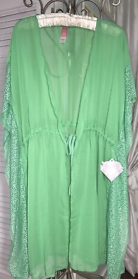 #ad NEW Plus Size 2X Green Beach Cover Up Tunic Top Drawstring Tie Shirt $24.95