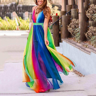 #ad Women#x27;s V Rainbow Chiffon Suspender Sexy Summer Beach Maxi Dresses Deep Dress $24.22