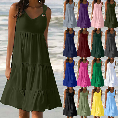 #ad #ad Womens Solid V Neck Beach A Line Midi Dresses Summer Strappy Sleeveless Sundress $31.19
