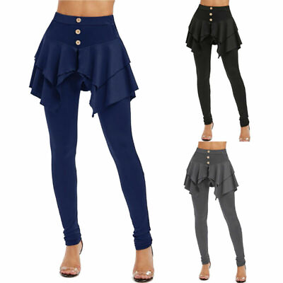 #ad Women Pencil Pants 2in1 Solid Irregular Hem Yoga Trousers Skorts Leggings Skirts $24.28
