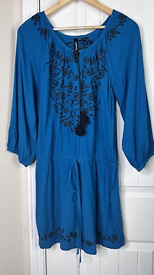 #ad #ad RU Cowgirl Dress Womens M Embroidered Boho Western Long Sleeve Rockabilly Teal $29.99
