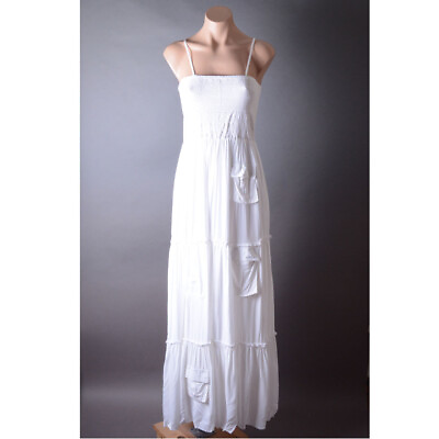 #ad White Smocked Stretchy Tiered Bohemian Summer Beach Casual Long Maxi Dress S M L $49.99