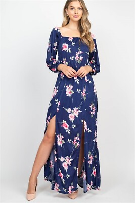 #ad Navy Blue Floral Long Sleeve Maxi Dress Size Medium Split Leg Square Neck $20.97