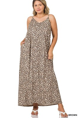 #ad Plus Size Leopard V Neck Cami Maxi Dress 1XL $29.99