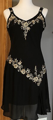#ad 90s Kathy Roberts Women’s A Line Dress Sz 8 Floral Embroidery Beaded Black Party $24.00