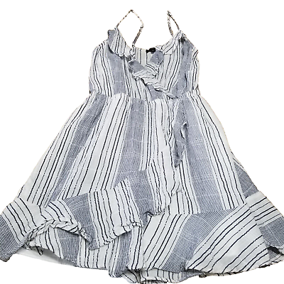 #ad Express Mini Sun Dress Women Small White Blue Spaghetti Straps Ruffle Stripes $17.39