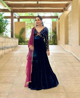 #ad PRESENTING DESIGNER INDIAN VELVET PARTY WEAR GOWN WITH DUPATTA FOR WEDDING $49.06