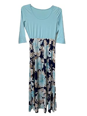 #ad Ladies Maxi Dress Solid Floral 3 4 Sleeve Pockets Round Neck High Waist Preowned $13.48