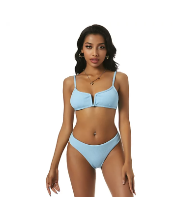 #ad Zaful Two Piece Ribbed V Cut Bikini Set Women#x27;s Size 6 Light Blue NEW MSRP $89 $16.99