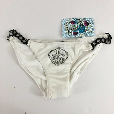 #ad Sinful by Affliction Bikini Bottom Chain Rhinestones Heart Wings White Size M L $19.99