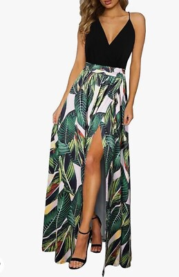 #ad Newsshows XL Strap Boho Dress Maxi Party Green Floral Black Upper Slit Waisted $34.23