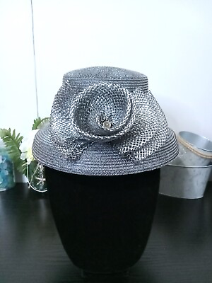 #ad Beautiful Woman#x27;s Silver Church Hat With Accent Pinned Swirl Bow $79.95