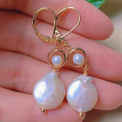 #ad Natural baroque white Pearl beads gold chain earrings Clip on Party Teens $10.48