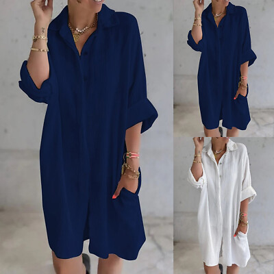 #ad Women Solid Collar Mini Shirt Dress Button Loose Long Top Baggy Sundress Blouse $21.69
