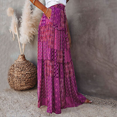 #ad Bohemian Skirt Patchwork Long Sirt Boho Ethnic Print Maxi Vintage A line Pleated $22.14