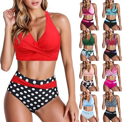 #ad Women#x27;s Bikini Sets Two Piece Swimsuit Floral High Waisted V Neck Bathing Suits $15.18