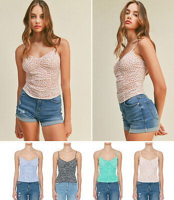 Boho Floral Women#x27;s Ruched Cami Tank Top Spaghetti Strap Adjustable Fitted $6.49