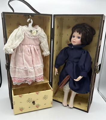 #ad 12” Porcelain Doll Dark Brown Hair Wooden Wardrobe Carrying Case Extra Dress $29.97